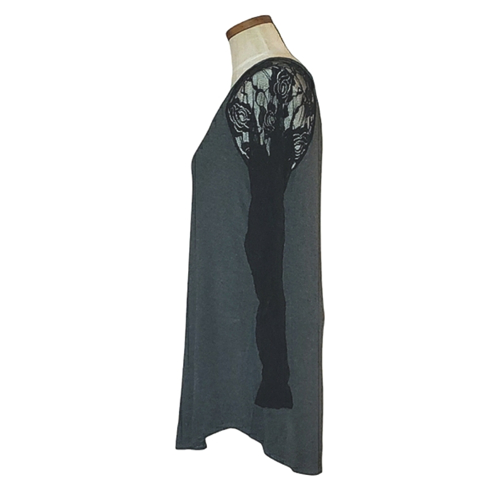 Goo Yoo Sheer Floral Black Lace Raglan Sleeves High Low Hem Gray Tunic Top M/L - Picture 4 of 16